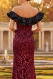 Sparkly Burgundy Ruffled Off the Shoulder Sheath Long Formal Dress with Slit
