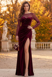 Burgundy Illusion Neck Sheath Ruched Velvet Long Formal Dress with Slit