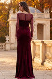 Burgundy Illusion Neck Sheath Ruched Velvet Long Formal Dress with Slit
