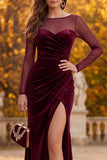 Burgundy Illusion Neck Sheath Ruched Velvet Long Formal Dress with Slit