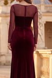 Burgundy Illusion Neck Sheath Ruched Velvet Long Formal Dress with Slit