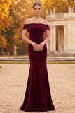 Off the Shoulder Velvet Mermaid Burgundy Formal Dress