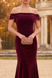 Off the Shoulder Velvet Mermaid Burgundy Formal Dress