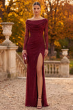 Burgundy Cowl Neck Long Sleeve Sheath Beaded Formal Dress with Slit