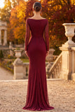 Burgundy Cowl Neck Long Sleeve Sheath Beaded Formal Dress with Slit