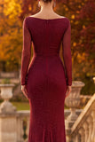 Burgundy Cowl Neck Long Sleeve Sheath Beaded Formal Dress with Slit
