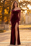 Velvet Burgundy Sheath Ruched Off the Shoulder Long Formal Dress with Slit