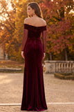 Velvet Burgundy Sheath Ruched Off the Shoulder Long Formal Dress with Slit