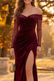 Velvet Burgundy Sheath Ruched Off the Shoulder Long Formal Dress with Slit