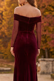Velvet Burgundy Sheath Ruched Off the Shoulder Long Formal Dress with Slit