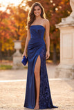 Strapless Dark Blue Satin Ruched Sequin Long Formal Dress with Slit