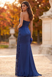Strapless Dark Blue Satin Ruched Sequin Long Formal Dress with Slit