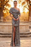 Silver Leopard Printed One Shoulder Ruched Sheath Long Formal Dress with Slit