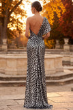 Silver Leopard Printed One Shoulder Ruched Sheath Long Formal Dress with Slit