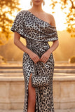Silver Leopard Printed One Shoulder Ruched Sheath Long Formal Dress with Slit