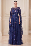 Elegant Navy A Line Sequin Mother of the Bride Dress with Cape