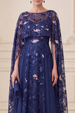 Elegant Navy A Line Sequin Mother of the Bride Dress with Cape