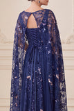 Elegant Navy A Line Sequin Mother of the Bride Dress with Cape