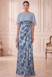 Grey Blue Floral Sheath Ruched Long Mother of the Bride Dress with Cape