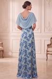 Grey Blue Floral Sheath Ruched Long Mother of the Bride Dress with Cape