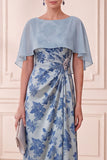 Grey Blue Floral Sheath Ruched Long Mother of the Bride Dress with Cape