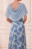 Grey Blue Floral Sheath Ruched Long Mother of the Bride Dress with Cape