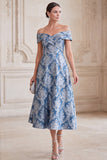 Off the Shoulder Grey Blue A Line Jacquard Midi Mother of the Bride Dress