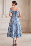 Off the Shoulder Grey Blue A Line Jacquard Midi Mother of the Bride Dress