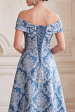 Off the Shoulder Grey Blue A Line Jacquard Midi Mother of the Bride Dress