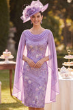 Purple Floral Embroidered Midi Mother of the Bride Dress with Chiffon Cape