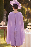 Purple Floral Embroidered Midi Mother of the Bride Dress with Chiffon Cape