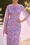 Purple Floral Embroidered Midi Mother of the Bride Dress with Chiffon Cape