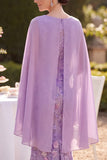 Purple Floral Embroidered Midi Mother of the Bride Dress with Chiffon Cape