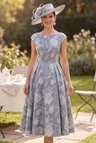 Grey A Line Bateau Neck Floral Mother of the Bride Dress with Cap Sleeves