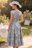 Grey A Line Bateau Neck Floral Mother of the Bride Dress with Cap Sleeves