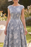 Grey A Line Bateau Neck Floral Mother of the Bride Dress with Cap Sleeves