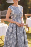 Grey A Line Bateau Neck Floral Mother of the Bride Dress with Cap Sleeves