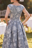 Grey A Line Bateau Neck Floral Mother of the Bride Dress with Cap Sleeves