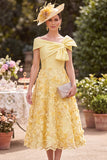 Yellow Off the Shoulder Embroidered Applique A Line Midi Mother of the Bride Dress