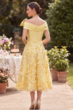 Yellow Off the Shoulder Embroidered Applique A Line Midi Mother of the Bride Dress