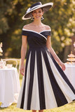 Off the Shoulder Black and White Ruched A Line Midi Mother of the Bride Dress