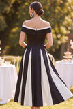 Off the Shoulder Black and White Ruched A Line Midi Mother of the Bride Dress