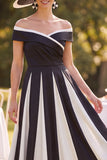 Off the Shoulder Black and White Ruched A Line Midi Mother of the Bride Dress