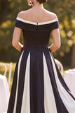 Off the Shoulder Black and White Ruched A Line Midi Mother of the Bride Dress
