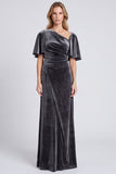 Dark Grey Asymmetrical Neck Velvet Formal Dress with Short Sleeves