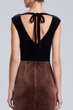 Black and Brown Velvet Bateau Neck Cap Sleeve Long Formal Dress with Slit