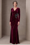 Burgundy Velvet V-Neck Long Sleeve Ruched Mermaid Mother of the Bride Dress
