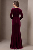 Burgundy Velvet V-Neck Long Sleeve Ruched Mermaid Mother of the Bride Dress