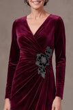 Burgundy Velvet V-Neck Long Sleeve Ruched Mermaid Mother of the Bride Dress