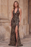 Sparkly Halter Black Mermaid Lace-up Back Long Prom Dress with Slit